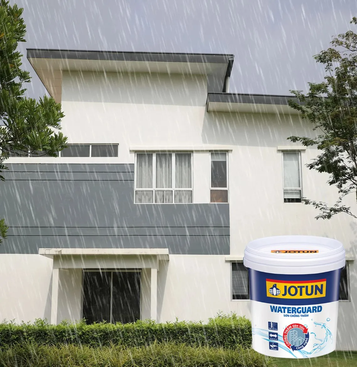 Sơn chống thấm Jotun WaterGuard màu xám nhạt bảo vệ tường nhà