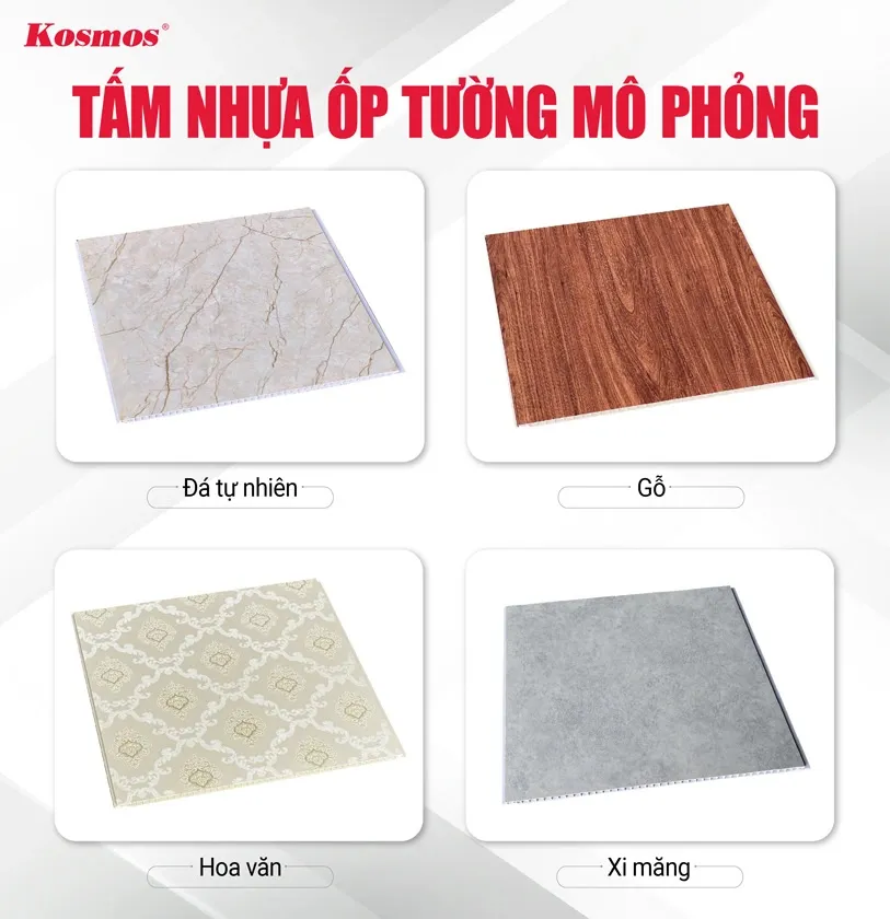 Tấm nhựa ốp tường mô phỏng đá tự nhiên, gỗ, hoa văn và xi măng