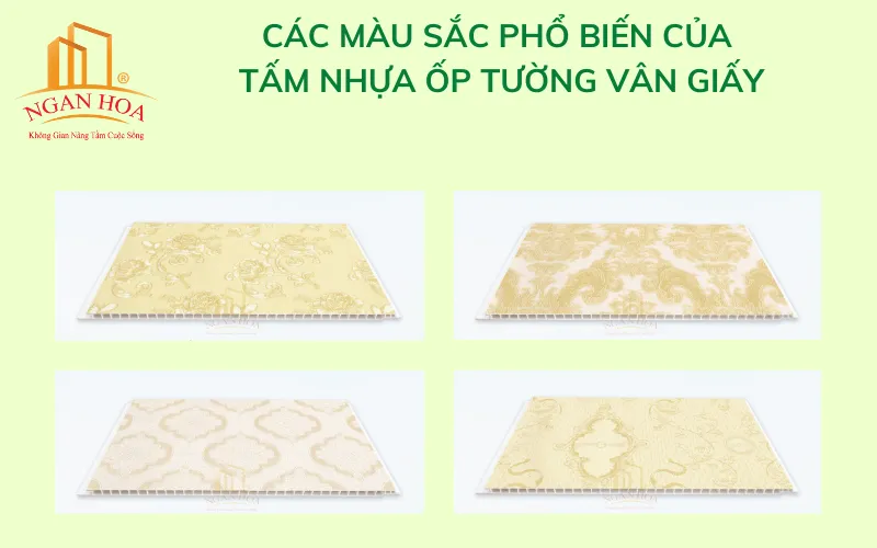 Tấm nhựa ốp tường với họa tiết vân giấy dán tường, mang lại sự đa dạng về màu sắc và hoa văn, từ xanh ngọc đến giả gỗ thông.