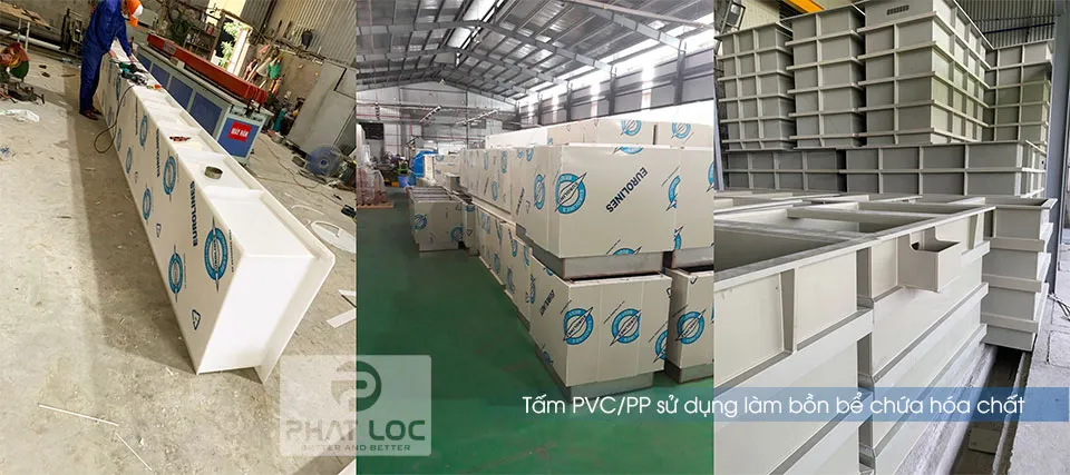 Tấm nhựa PVC trắng dùng để chế tạo bồn bể chứa hóa chất, một ứng dụng quan trọng trong địa kỹ thuật môi trường
