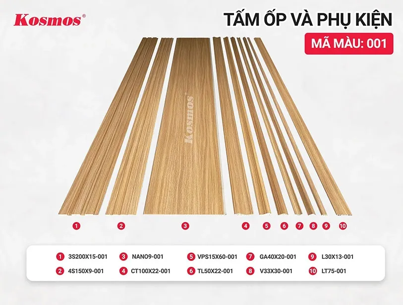 Tấm nhựa PVC vân gỗ và phụ kiện đồng màu 001, lắp đặt dễ dàng