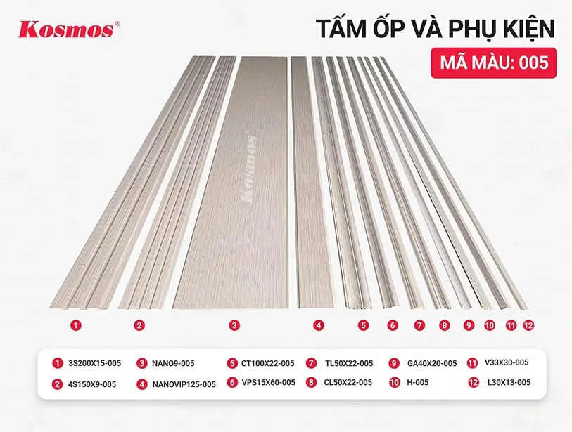 Tấm nhựa PVC vân gỗ và phụ kiện đồng màu 005, hoàn thiện không gian
