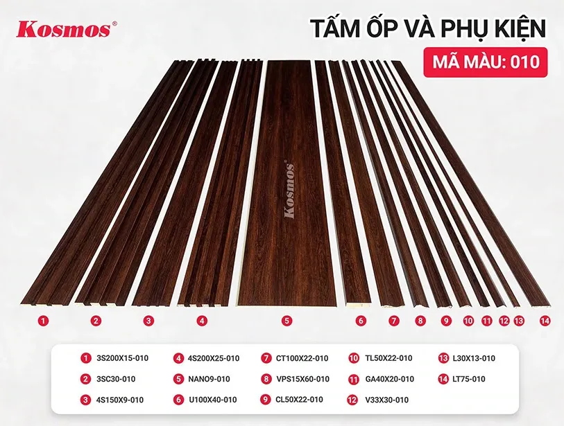 Tấm nhựa PVC vân gỗ và phụ kiện đồng màu 010, tạo sự thống nhất