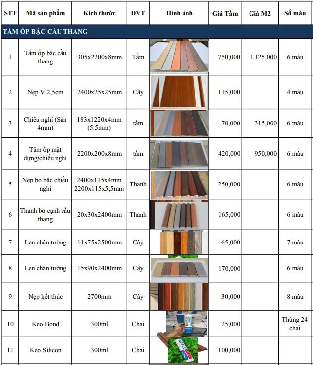 Tấm ốp bậc cầu thang có 6 màu chính