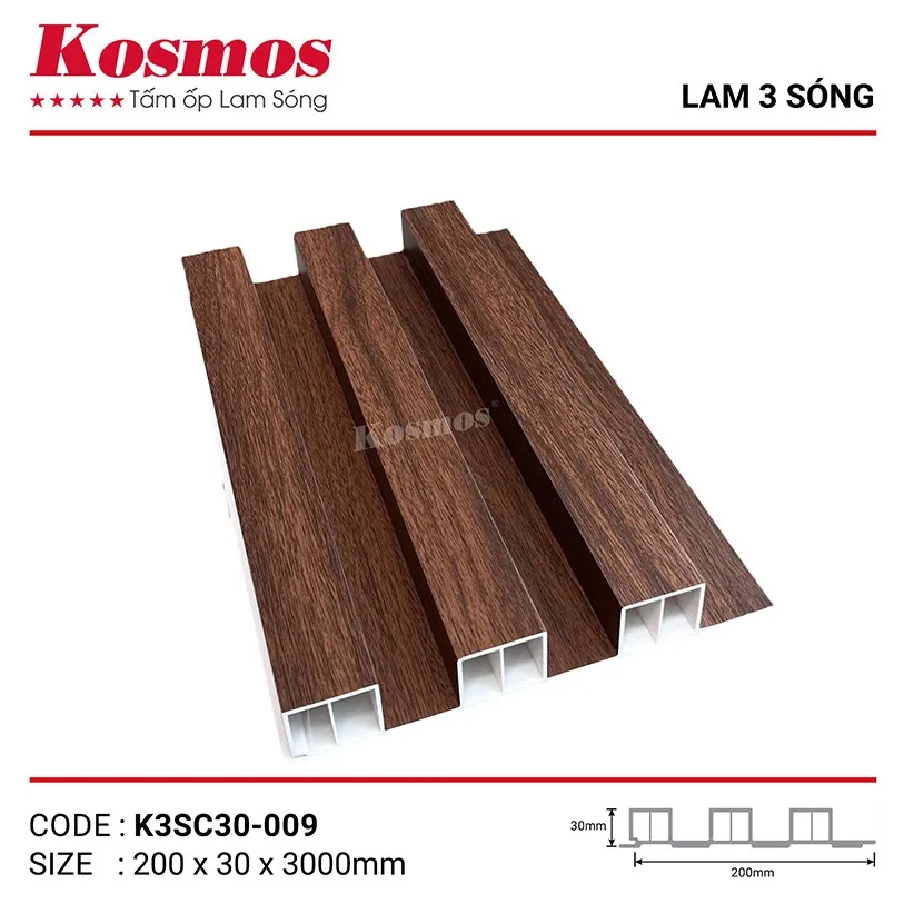 Tấm ốp lam 3 sóng cao PVC pha bột đá K3SC30-009 vân gỗ ấm cúng
