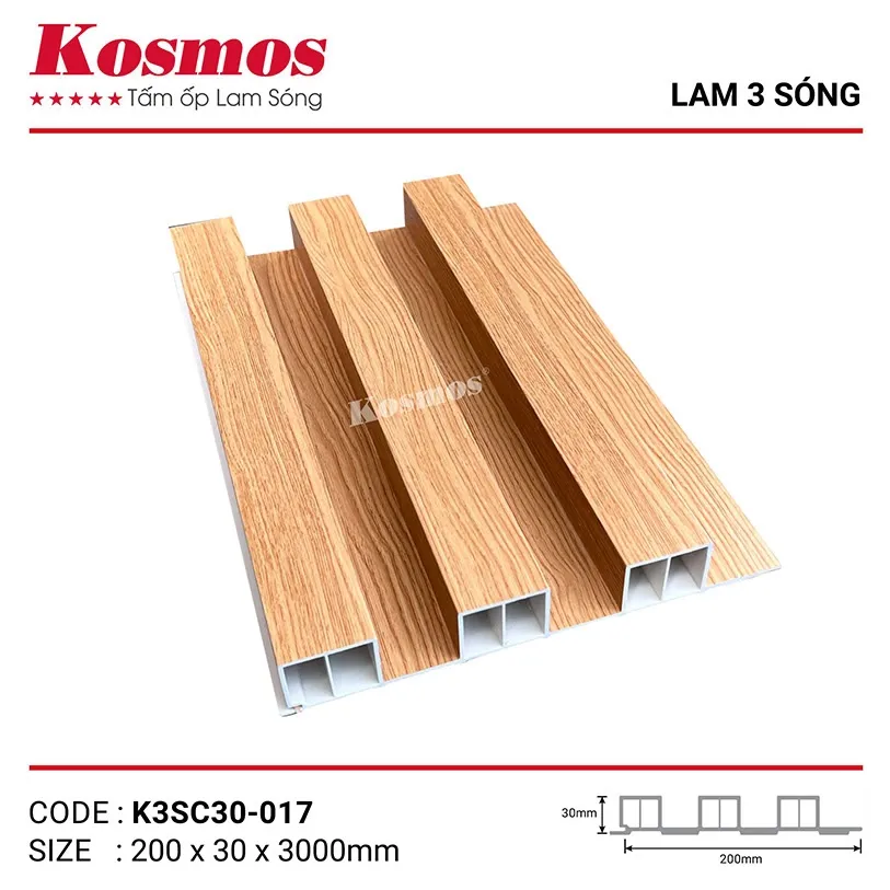 Tấm ốp lam 3 sóng cao PVC pha bột đá K3SC30-017 vân gỗ sang trọng