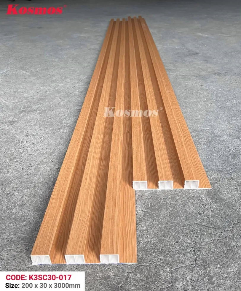 Tấm ốp lam 3 sóng cao PVC pha bột đá K3SC30-017 với vân gỗ tự nhiên