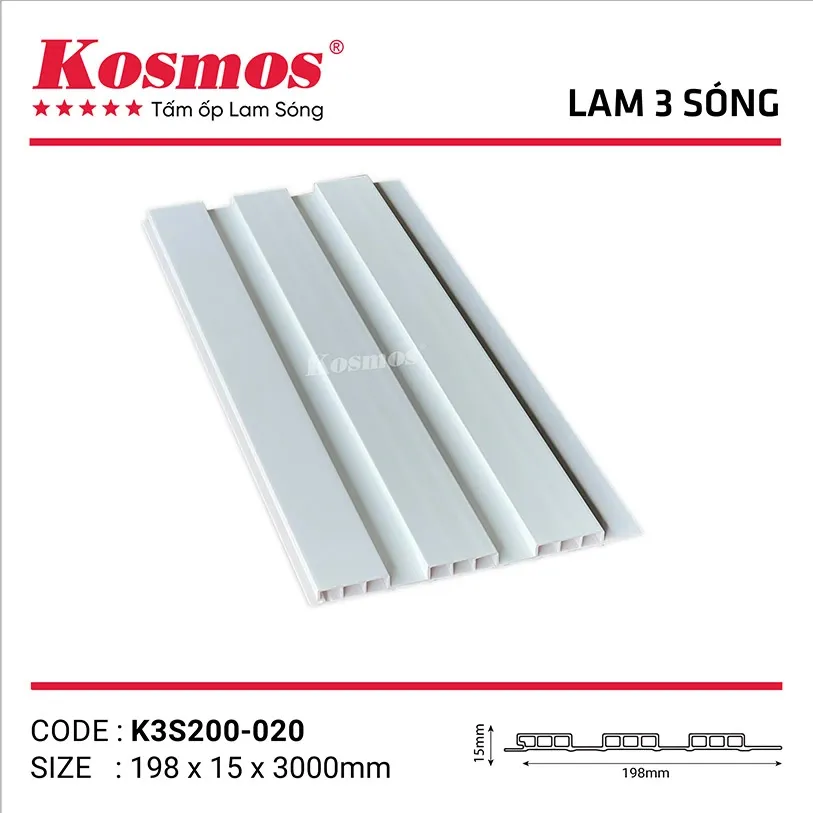 Tấm ốp lam 3 sóng thấp PVC pha bột đá đơn sắc K3S200-020