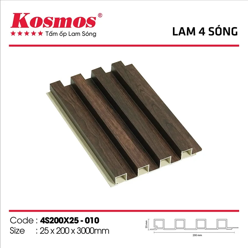 Tấm ốp lam 4 sóng cao PVC 4S200X25-010 vân gỗ tự nhiên, hiện đại