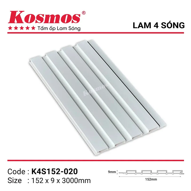 Tấm ốp lam 4 sóng thấp PVC pha bột đá đơn sắc K4S152-020
