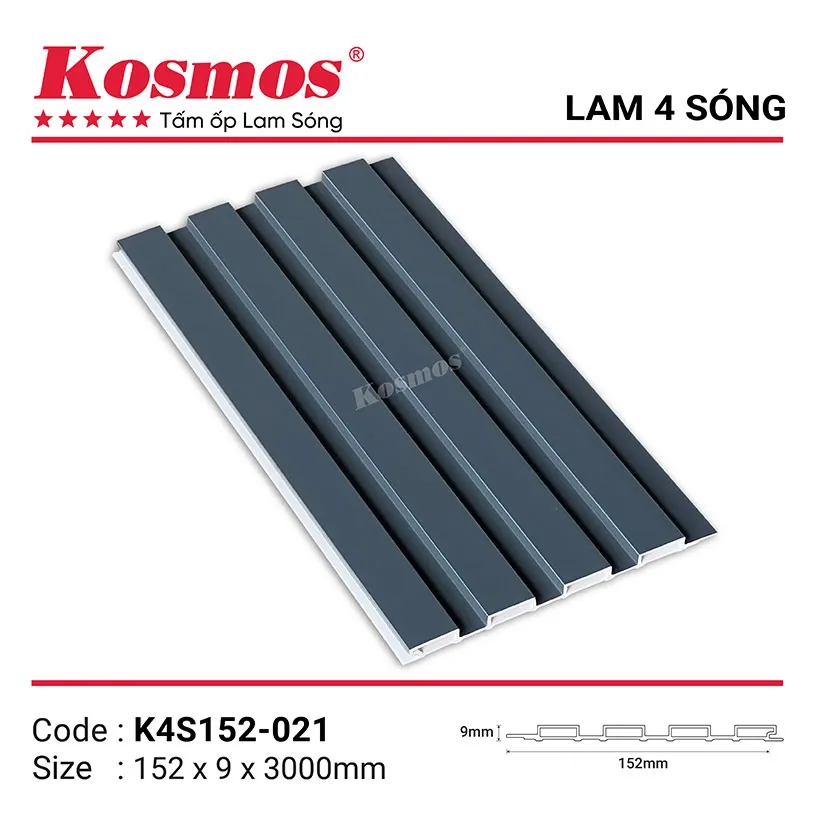 Tấm ốp lam 4 sóng thấp PVC pha bột đá đơn sắc K4S152-021 màu xám