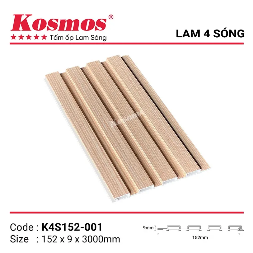 Tấm ốp lam 4 sóng thấp PVC pha bột đá K4S152-001 vân gỗ nhạt