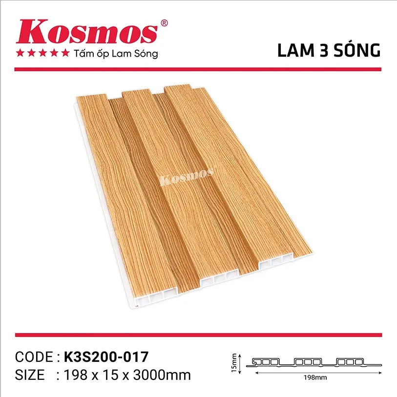 Tấm ốp lam sóng PVC pha bột đá K3S200-017 vân gỗ ấm áp