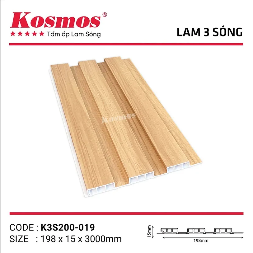 Tấm ốp lam sóng PVC pha bột đá K3S200-019 vân gỗ tối màu, bền đẹp