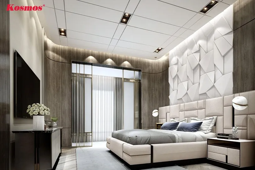 Tấm ốp PVC 3D tạo hiệu ứng chiều sâu và không gian nghệ thuật cho phòng ngủ