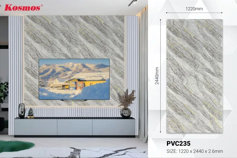 Tấm ốp PVC vân đá vàng PVC235 với tông xám nhạt và vân mây vàng tinh tế