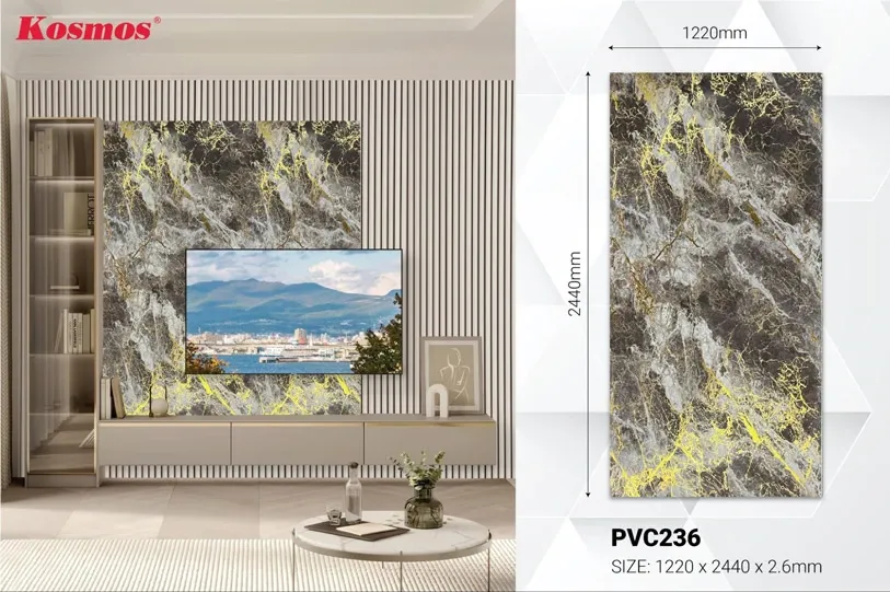Tấm ốp PVC vân đá vàng PVC236 với sắc xám đậm và vân vàng nổi bật