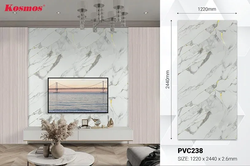 Tấm ốp PVC vân đá vàng PVC238 với họa tiết giả đá Marble trắng vân mây dát vàng