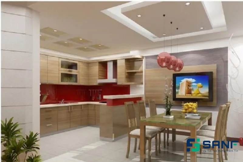 Tấm ốp trần 3D giả gỗ cho phòng bếp đơn giản