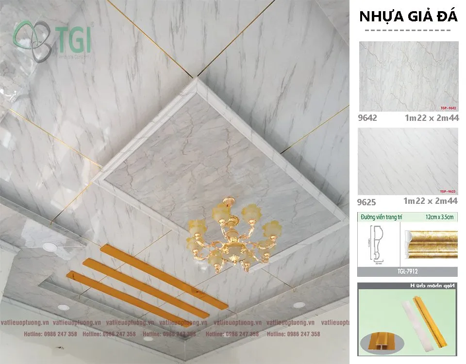Tấm ốp trần nhựa PVC vân đá, mô phỏng vẻ đẹp tự nhiên của đá hoa cương, được ứng dụng trong thiết kế trần nhà.