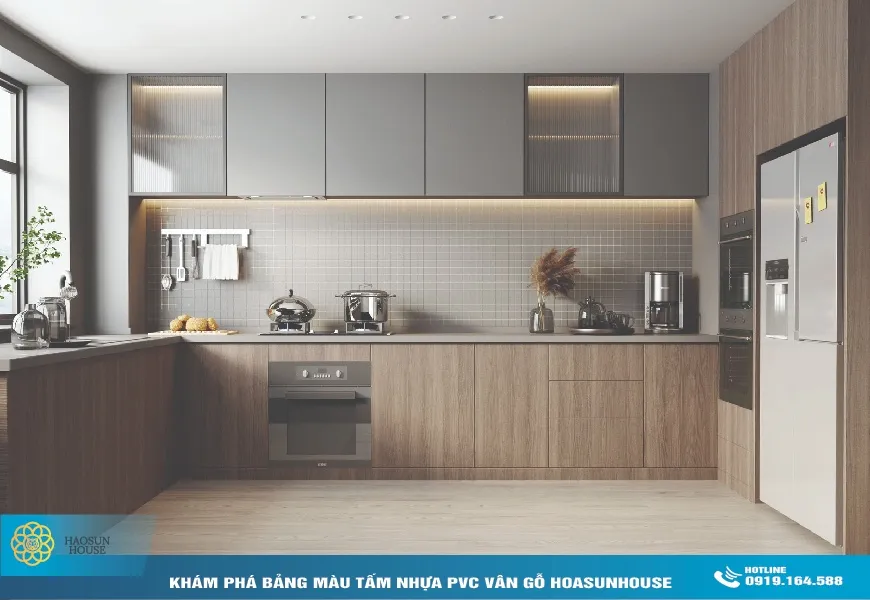 Tấm Ván Nhựa PVC Vân Gỗ Haosuhouse tủ bếp