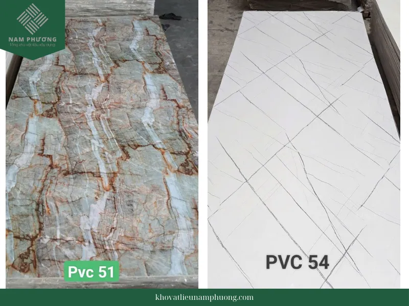 Tập hợp các mẫu tấm ốp PVC vân đá từ 51 đến 54, cung cấp cái nhìn tổng quan về sự phong phú của sản phẩm.