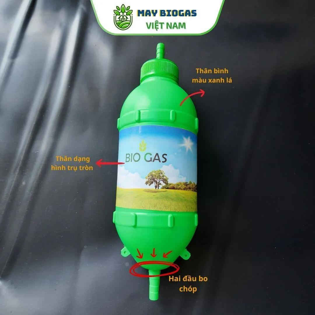 Thân bình lọc khí biogas hình trụ tròn màu xanh, hiển thị rõ cấu tạo và kích thước gọn gàng, lý tưởng cho hầm biogas nhỏ
