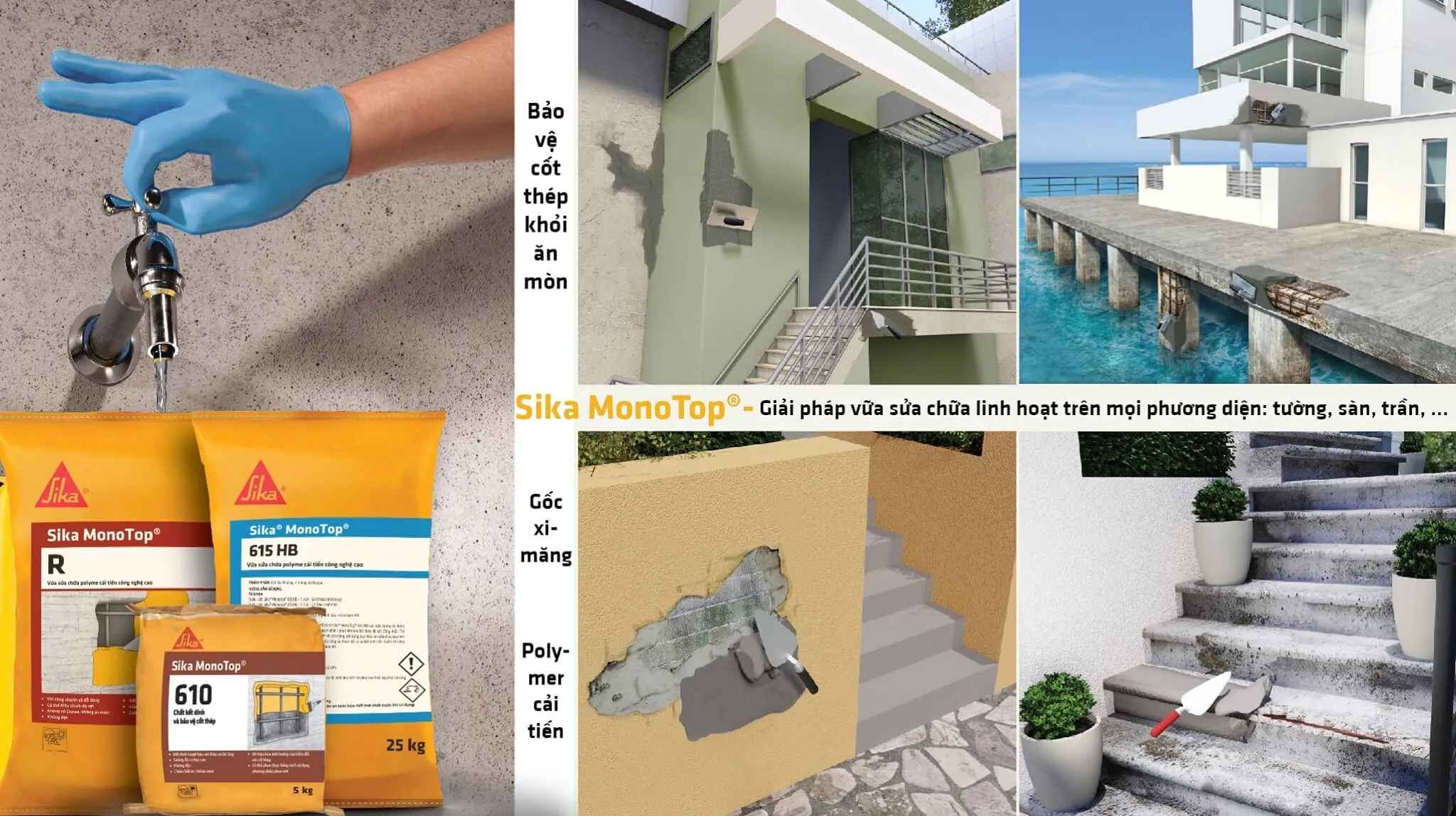 Thi công Sika Monotop R sửa chữa bề mặt bê tông bị rỗ hiệu quả