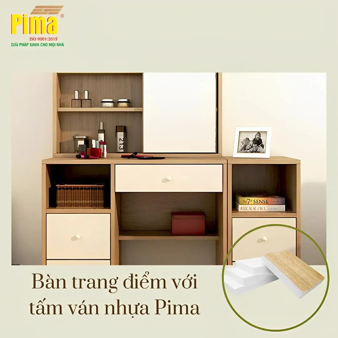 Thiết kế bàn trang điểm sang trọng sử dụng vật liệu ván pima, bền đẹp theo thời gian