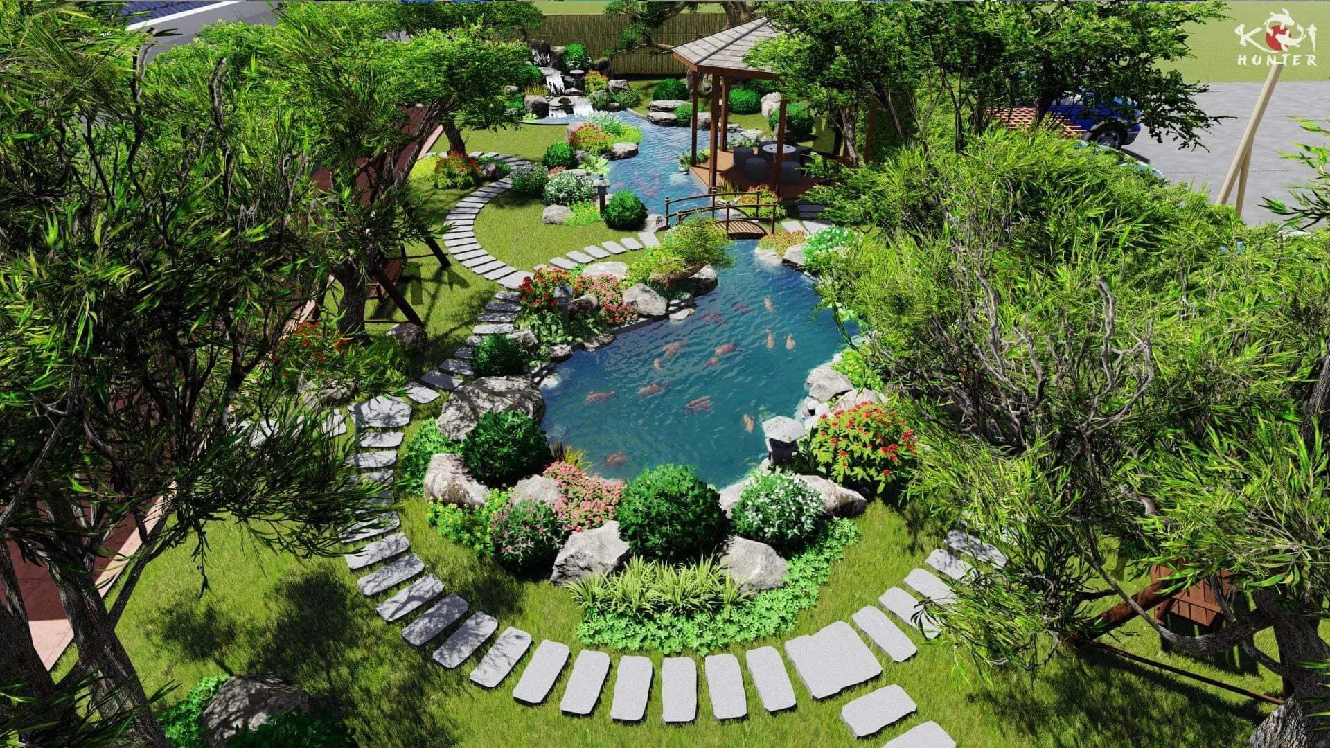 Thiết kế hồ cá sân vườn nhỏ đẹp góp phần tăng tính thẩm mỹ cho tổng thể cảnh quan