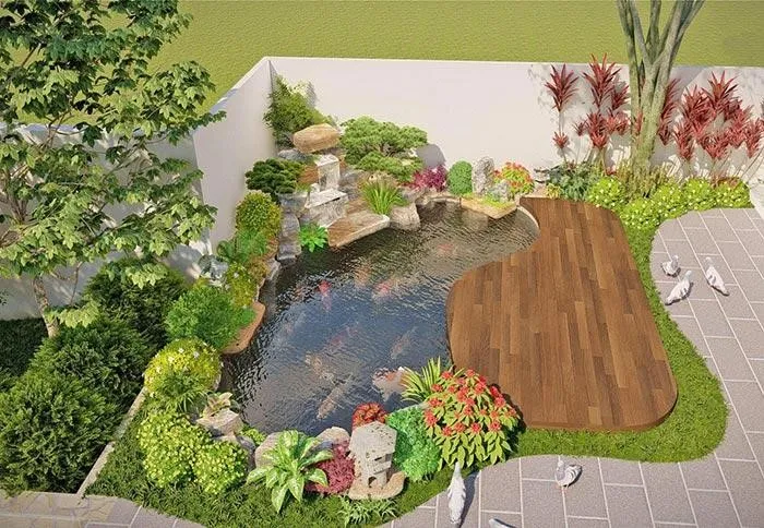 Thiết kế hồ cá sân vườn vừa vặn, hài hòa với tổng thể kiến trúc và không gian xung quanh.