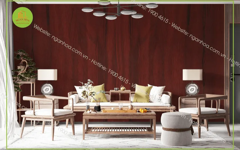 Thiết kế nội thất phòng khách với tấm nhựa ốp tường vân gỗ tông màu sáng, tạo cảm giác rộng rãi và hiện đại.