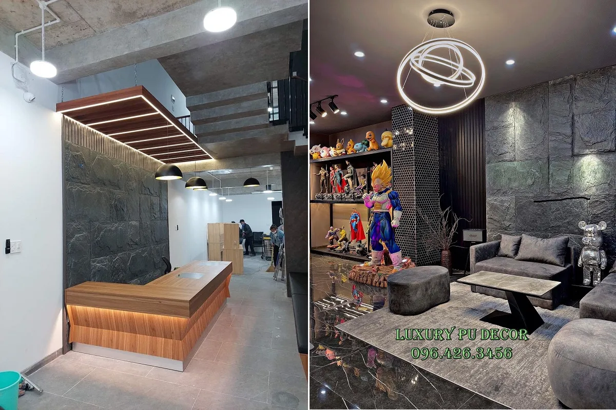 Thiết kế sảnh lễ tân ấn tượng với tấm ốp tường PU foam giả đá