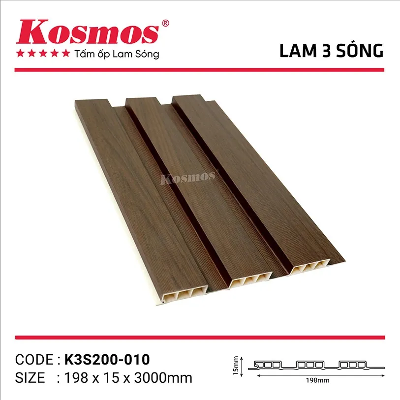 Thiết kế tấm ốp lam sóng PVC pha bột đá K3S200-010 vân gỗ tự nhiên