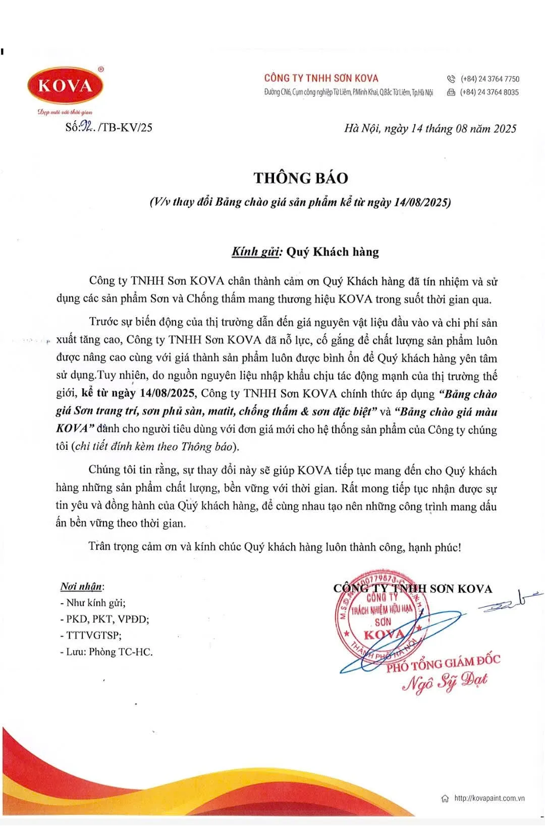 Thông báo cập nhật bảng giá sơn Kova mới nhất, ảnh hưởng đến chi phí chống thấm CT11A