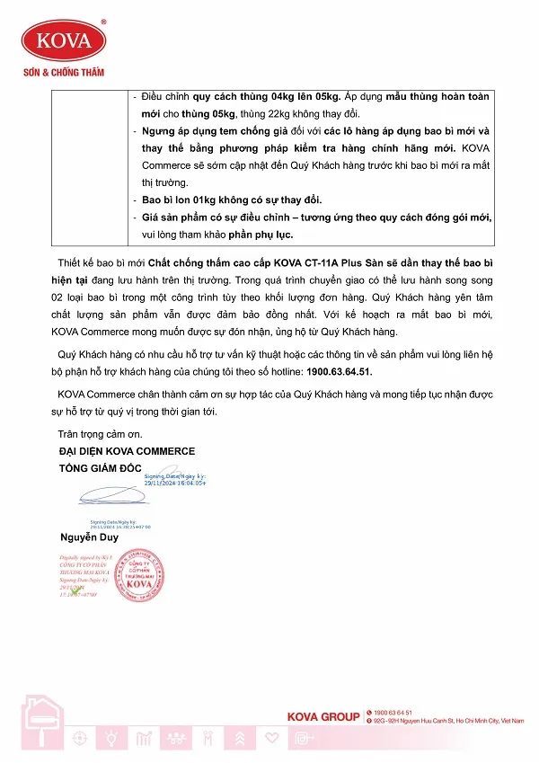 Thông báo thay đổi bao bì chất chống thấm Kova CT11A Plus Sàn