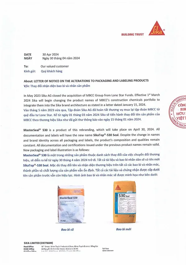 Thư thông báo chính thức thay đổi tên sản phẩm chống thấm Masterseal 530 thành Sikatop 530 Seal