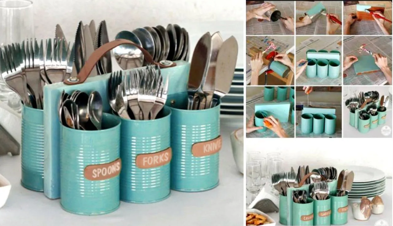 Thực hiện các bước đơn giản để có một giá đựng bộ dụng cụ ăn uống thật xinh đẹp từ lon đồ hộp, giúp bàn ăn gọn gàng và thẩm mỹ.
