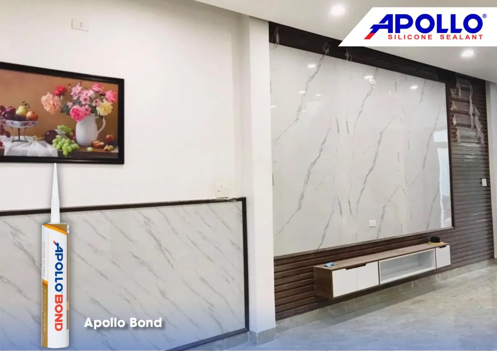 Thực hiện dán tấm nhựa PVC giả đá bằng keo Apollo Bond chuyên dụng theo kỹ thuật ziczac