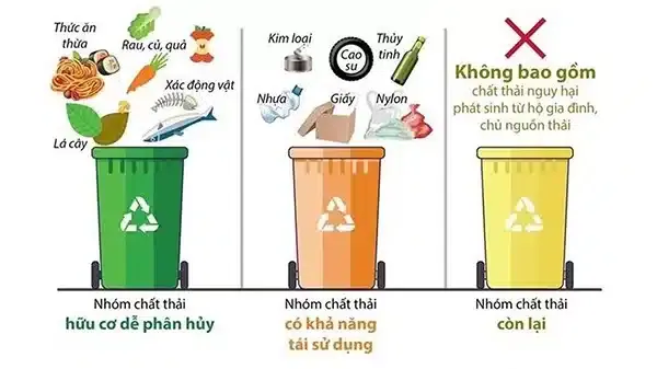 Thùng rác với các ngăn phân loại riêng biệt cho rác hữu cơ, vô cơ và tái chế, nhấn mạnh tầm quan trọng của việc phân loại rác thải nhựa tại nguồn để bảo vệ môi trường