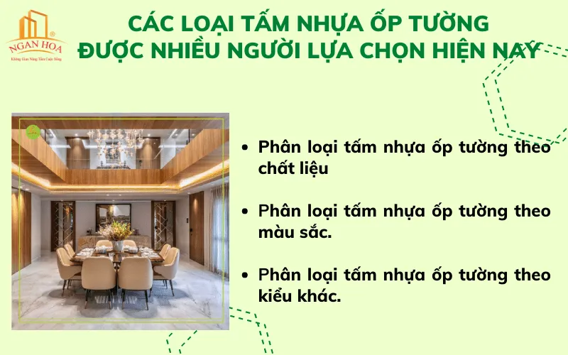 Tổng hợp các loại tấm ốp tường nhựa phổ biến trên thị trường, bao gồm vân đá, giả gỗ, và tấm trơn, ứng dụng đa dạng trong kiến trúc.