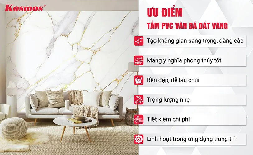 Tổng hợp các ưu điểm vượt trội của tấm ốp PVC vân đá vàng trong trang trí nội thất