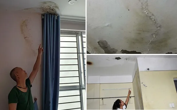 Trần nhà chung cư bị thấm dột và ố vàng do vết nứt nhỏ gây ra