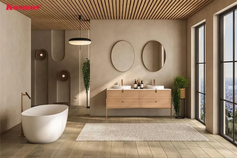 Trần nhà tắm được trang trí bằng tấm nhựa lam sóng tạo điểm nhấn ấn tượng