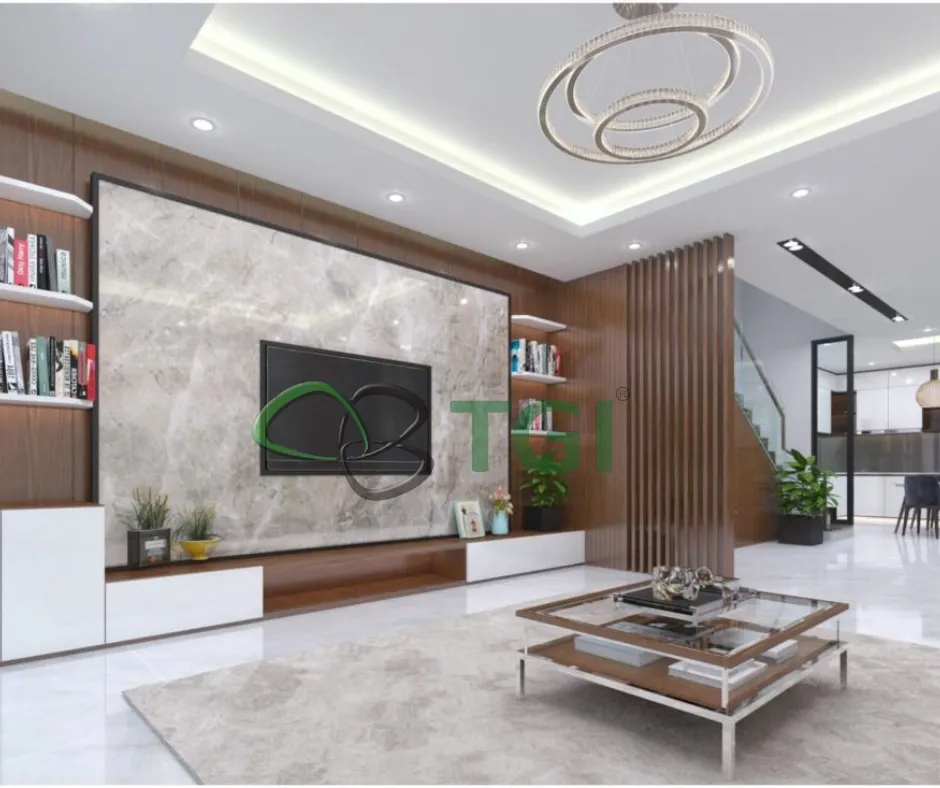 Trần nhựa PVC giả đá với đường nét tinh xảo, tạo cảm giác sang trọng cho biệt thự.