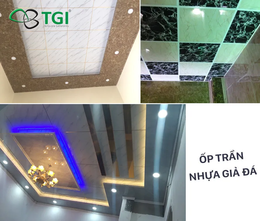 Trần nhựa PVC giả đá với vân đá cẩm thạch sang trọng, tạo điểm nhấn cho không gian nội thất hiện đại.