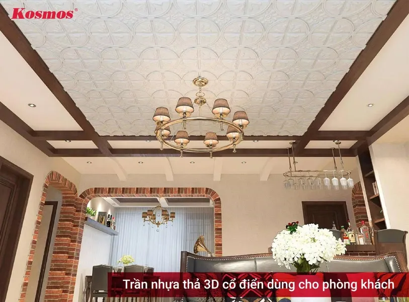 Trần nhựa thả 3D cổ điển mang lại vẻ đẹp sang trọng cho phòng khách