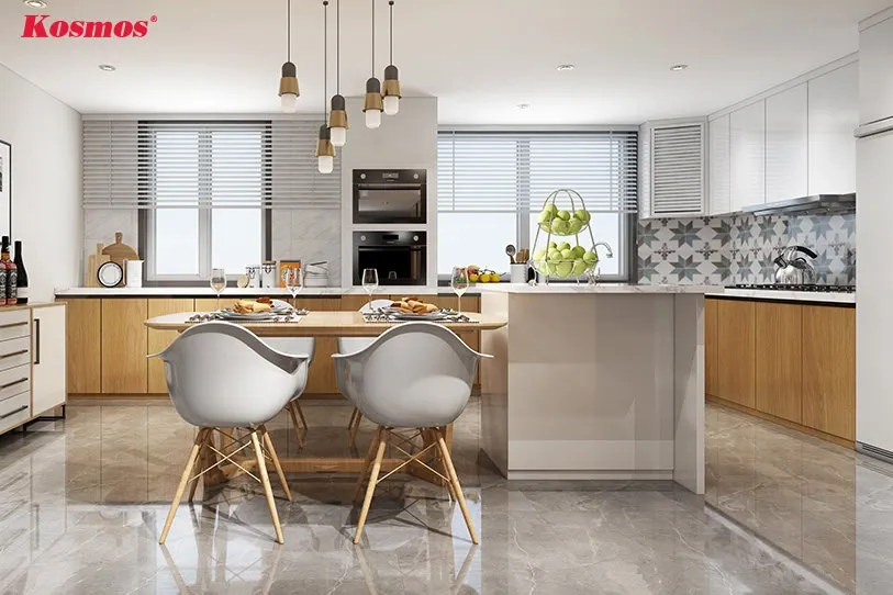 Trang trí bếp hiện đại với tường ốp gạch hoa văn ấn tượng