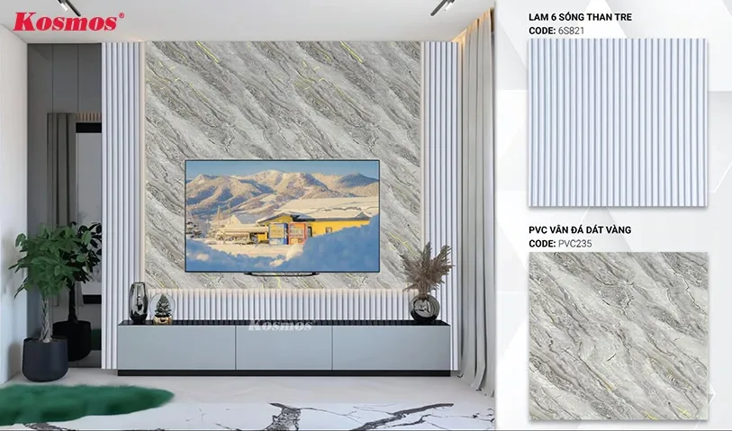 Trang trí nội thất với PVC vân đá vàng PVC235 và tấm ốp lam sóng than tre 6S821