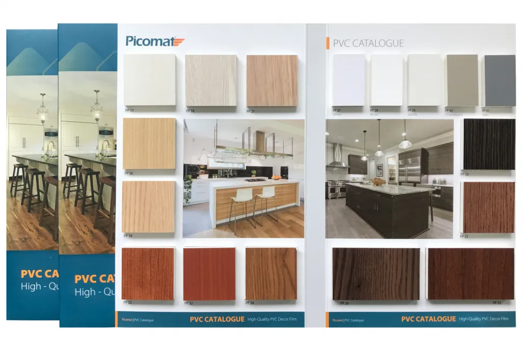 Tủ bếp hiện đại làm từ ván nhựa PVC Picomat vân gỗ